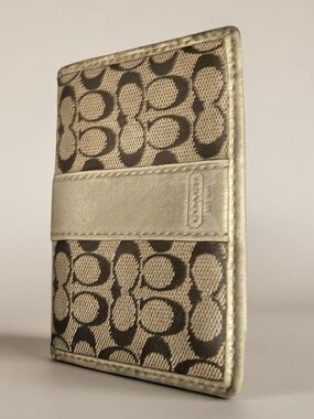 Coach Signature Canvas & Metallic Gold Bifold Card Case ID Wallet